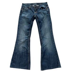 Rerock for Express Women’s Extreme Flare Dark Blue Denim Jeans Rhinestone Size 4